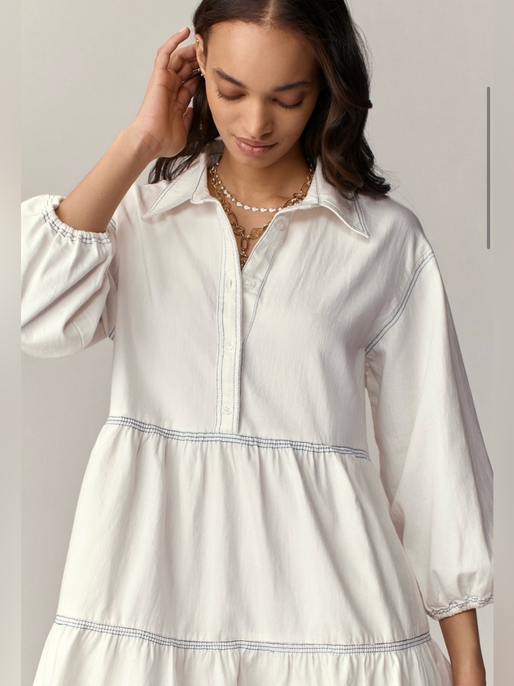 Maeve White Tiered Mini Dress with Contrast Stitching